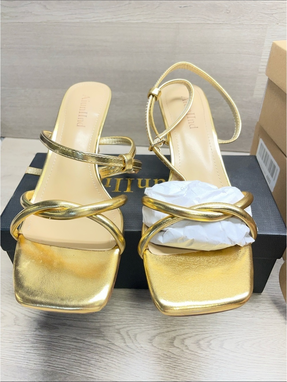 Gold Strappy Square-Toe Heels with Ankle Strap #1318